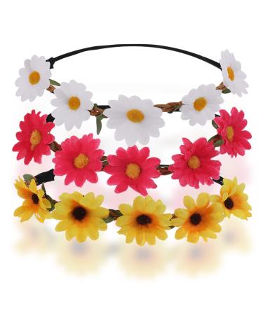 WLLHYF 3 Pieces Daisy Flower Headband Multicolor Flower Crown Floral Garland Headbands Adjustable Elastic Hair Band for Women Girls Lady Festival Wedding Party Washing Face