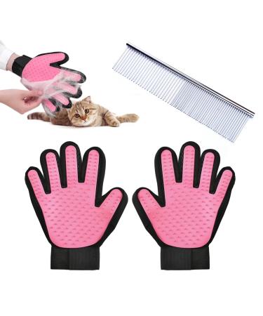 Timjjg 1 pair of pink hair removal gloves with 1 stainless steel nursing comb pet-litter hair removal gloves pet massage hair removal gloves suitable for kitten and dogs