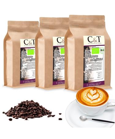 C&T Bio Espresso Crema decaffeinated |3 x 1000g entire beans |100% Arabica coffeeCafe gastro savings pack in the power paper bag Whole beans 1 kg (3-pack)
