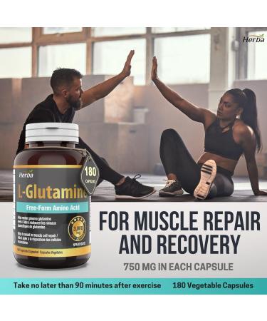 Herba L-Glutamine Capsules 750mg 180 Vegetable Capsules | 3 000mg Per Serving | Free Form L Glutamine Supplement | NPN from Health Canada | Made & 3rd Party Tested in Canada - Buy Online on SooperMarket.com