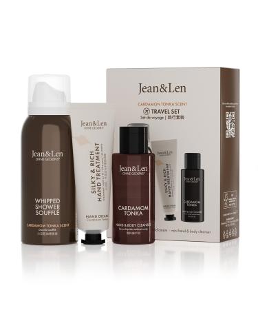 Jean & Len Travel Set Cardamom & Tonka ideal small gift or souvenir products for body and mind packaging is FSC certified small travel sizes vegan gift set