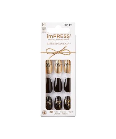 KISS imPRESS Limited Edition Holiday Press-On Manicure with PureFit Technology Medium Length Coffin Shaped Black Press-On Nails Style 'Naughty or Nice