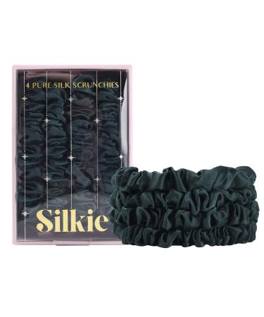 Silkie 4 Set 100% pure mulberry lide black thin hair tie with travel bags hair tie for every day hair care ponytail holder without hair damage (emerald)