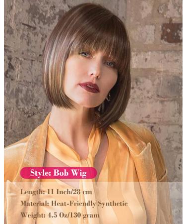 REECHO 11 Short Brown Bob Wig with Bangs - Synthetic Replacement Hair for Women - Chocolate Brown with Blonde Highlights - 11 Inch - Buy Online on SooperMarket.com