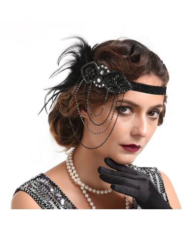 Feather Headband 1920s Flapper Headband Faux Pearls 1920s Flapper Headpiece Crystal Headband Fancy Dress Headwear Feather Vintage Headband for Women Hair Accessories for Cocktail Party Prom Wedding Black-2