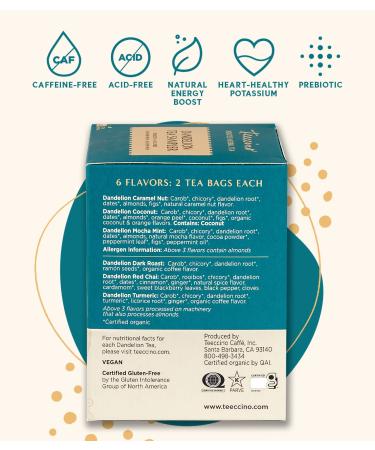 Teeccino Dandelion Tea Sampler - 6 Caffeine-Free Herbal Flavors, 12 Bags - Buy Online on SooperMarket.com