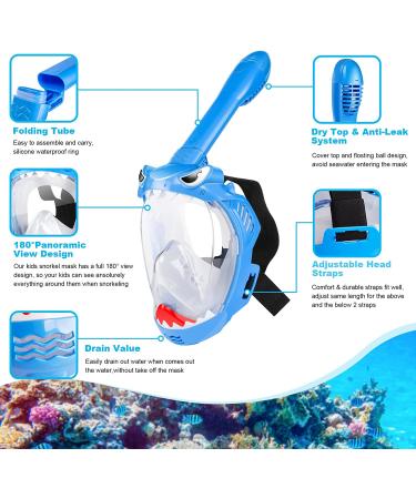 Kids Full Face Snorkel Mask Set - 180 Panoramic View, Anti-Leak/Anti-Fog, Blue - Safe & Foldable Snorkeling Gear for Kids/Adults - Buy Online on SooperMarket.com