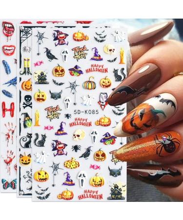 Halloween Nail Art Stickers Xcreando 5D Embossed Nail Decals Design with Skull Bones Ghost Witch Pumpkin Bat Lips Self-Adhesive Thick DIY 3D Nail Art Supplies for Halloween Days Party Cosplay Decorations 5 Sheets - Buy Online on SooperMarket.com