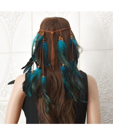 CAKURE Boho Feather Headband - Handmade Indian Gypsy Costume Hair Accessories in Blue - Hippie Festival Headdress (Type A) - Buy Online on SooperMarket.com