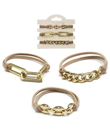 Hair Ties Scrunchies for women - Ponytail Holders - Hair Accessories with Gold Plated Metal - Soft Elastic  No Damage Bracelet Hair Ties - Trendy Hair Jewelry for Women Khaqi Khaki