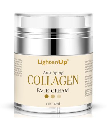LightenUp Collagen Cream for Face - 1 fl oz / 30 ml - Antiaging Fine Lines and Neck Moisturizing and Hydrating Creams Age Spots with Hyaluronic Acid for Women and Men Made in USA Collagen Anti-Aging Cream