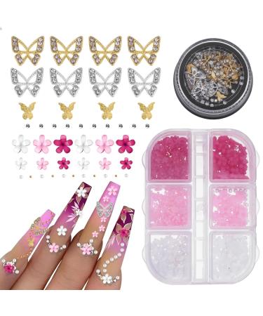 3D Flower Nail Charms 2 Boxes 3D Acrylic Flower Nail Art Metal Butterfly Nail Charms With Nail Gems Half Round Pearls Manicure Y2k Nail Art Accessories for Women Girls