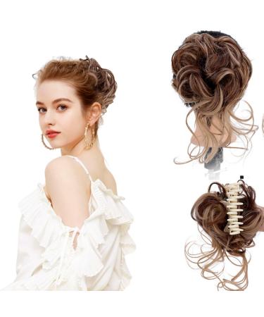 Long beard ball head wig bun grab clip Fluffy natural scrunchie bridal cocktail hairpin Messy Hair Bun Extensions Curly Wavy Hair Scrunchies claw Clip Messy Bun Hairpiece (Gradient Curry)