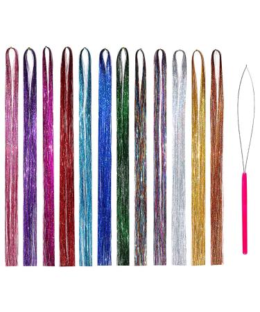 12 Colors 90cm Hair Tinsel Strands Kit Glitter Tinsel Hair Extensions Sparkling Shinny Hair Extensions Party Hair Strands for Women Girls