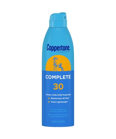 Coppertone COMPLETE SPF 30 Sunscreen Spray  Lightweight  Moisturizing Sunscreen  Water Resistant Spray Sunscreen SPF 30  5.5 Oz Spray