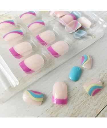 Colorful Waves French Tip Press on Nails - Glossy Blue & Pink Swirl Design | 24Pcs - Buy Online on SooperMarket.com