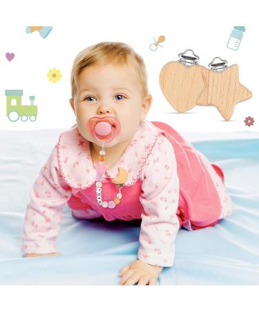 15-Piece Wood Pacifier Clips Set - DIY Beech Wooden Clip Holder for Teething Baby with Star, Heart, and Moon Designs - Buy Online on SooperMarket.com