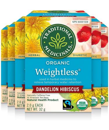 Traditional Medicinals - Organic Weightless Dandelion Hibiscus Herbal Tea (Pack of 6) - Relieves Temporary Water Retention - Fair Trade Ingredients - 96 Tea Bags Total 16 Count (Pack of 6) Weightless Dandelion Hibiscus Herbal Tea