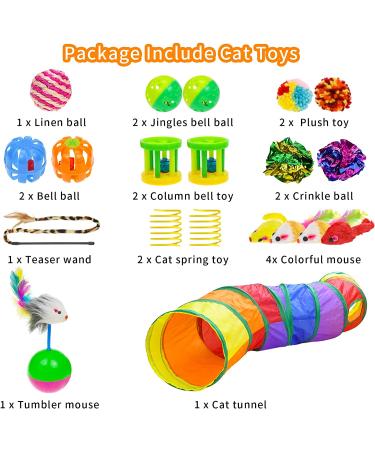 Malier Cat Toys Set - Interactive Collapsible Cat Tunnels, Feather Toy, Crinkle Balls - for Indoor Cats, Kittens, and Small Pets - A-Rainbow - Buy Online on SooperMarket.com
