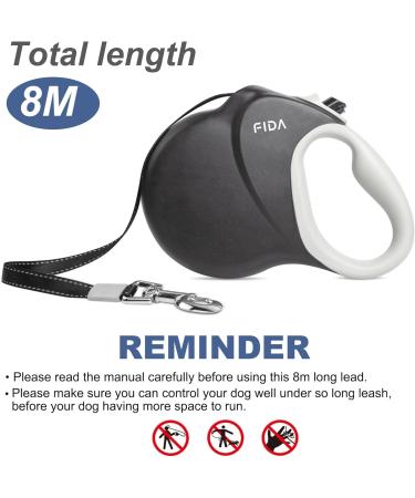 Fida Retractable Dog Lead Extendable 8m Heavy Duty Pet Walking Leash for Medium Large Dog up to 50kg Tangle Free. One-Hand Brake Dog Leads Strong Retractable for Large Breed Dogs - Black 8m (pack of 1) Black - Buy Online on SooperMarket.com