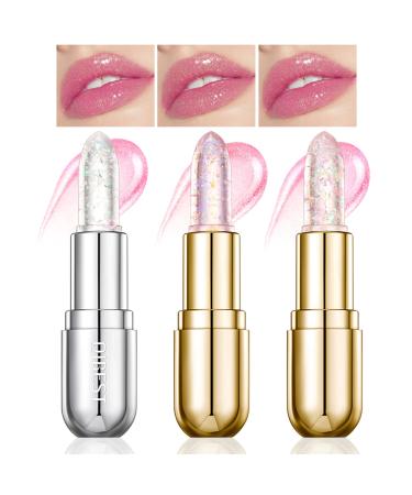 Aderier 3PCS Glimmer Balm pH Lip Balm Color Changing Lipstick and Glitter Confetti Balm Vegan & Cruelty Free Lip Balm Hydrate & Plump Pink Shimmer Lipstick Ros