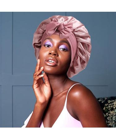 Satin Hair Bonnet for Women | Large Double Layer Silk Sleep Cap with Wide Elastic Band | Includes 45PCS Waterproof Disposable Shower Caps | Dusty Rose - Buy Online on SooperMarket.com