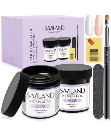 Saviland 2Pcs 100g Clear & Nude Builder Nail Gel Kit - Nail Extension Gel Set with 100PCS Nail Forms and Acrylic Nail Brush for Beginners C-Clear & Nude