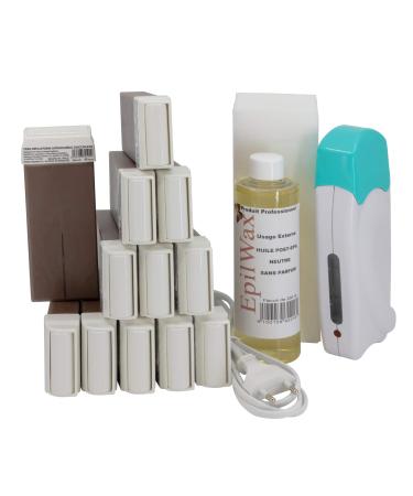EpilWax Complete Hair Removal Waxing Kit - with 12 Chocolate Wax Roll-on Cartridges Roll On Wax Heater 100 Strips and Waxing Oil Chocolate 113 Piece Set