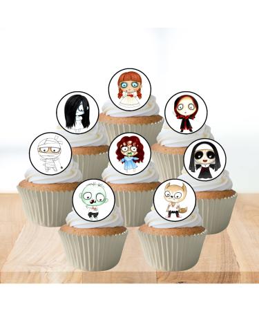 24 Halloween Horror Characters Theme #3 Edible Cupcake Toppers (PRECUT Optional) - wafer card disc cake decorations Stand Up/Lie Flat (UNCUT Pack of 24)