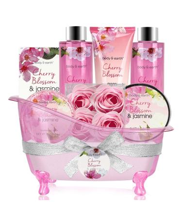 Gift Basket for Women - Spa Gift Baskets Body&Earth 8 Pcs Women Bath Sets with Cherry Blossom & Jasmine Scent Bubble Bath, Shower Gel, Body & Hand Lotion, Bath Salts, Gifts Set for Women