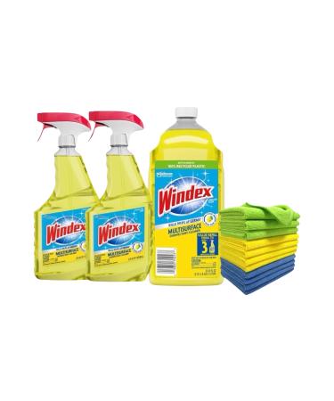 Windex Multi-Surface cleaner 2-Pack 23OZ Spray Bottles and 1 MULTISURFACE CLEANER 67.6 OZ refill bottle Complete with a Bonus of 3-Pack 12X12 MICROFIBER CLOTHS
