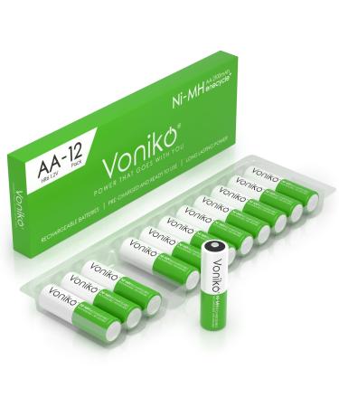 Voniko Rechargeable AA NiMH Enecycle Double A Batteries 12 Pack Ultra Long Lasting 2100mAh Recharge up to 1000x Times Pre-Charged (1.2V)