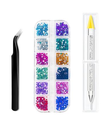 1800PCS Rhinestones in 12 Colors Flat Back Gems  2mm Nail Gems Ab Flatback Rhinestones Gems Stones with Pick Up Tweezers and Rhinestone Picker Dotting Pen for DIY Nail Art