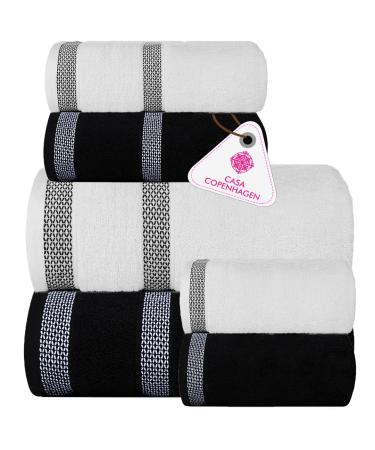 CASA COPENHAGEN Solitaire Designed in Denmark 600 GSM 2 Large Bath Towels 2 Large Hand Towels 2 Washcloths  Super Soft Egyptian Cotton 6 Towels Set for Bathroom  Kitchen & Shower - White + Black