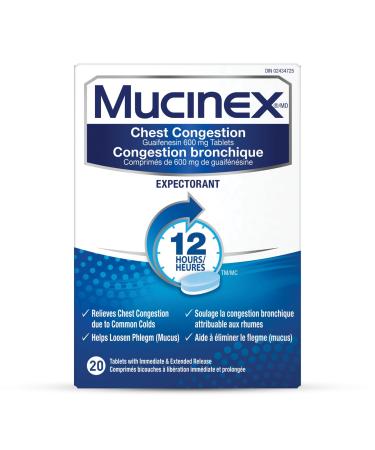 Mucinex Chest Congestion Guaifenesin 600 mg Tablets Expectorant (Cough Medicine) 20 Count