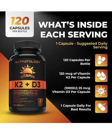 Vitamin K2 + D3 Highest Potency 120MCG/1000 IU - 120 Capsules - Helps Maintain Bone & Teeth Health - Formulated With MK-7 For Best Results - Immune System Support - Made In Canada 120 count (Pack of 1) - Buy Online on SooperMarket.com
