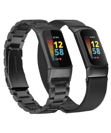 KOREDA Compatible with Fitbit Charge 5 Bands Sets 2 Pack Stainless Steel Metal Band + Mesh Woven Magnetic Wristband Replacement for Fitbit Charge 5 Advanced Fitness & Health Tracker (Graphite/Black)