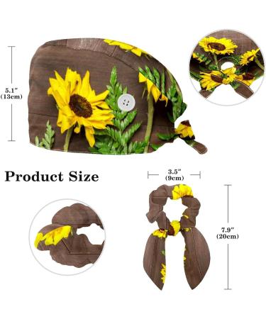 Nurse Scrub Caps - Sunflowers White Wooden Working Cap with Button and Bow Hair Scrunchie - Buy Online on SooperMarket.com