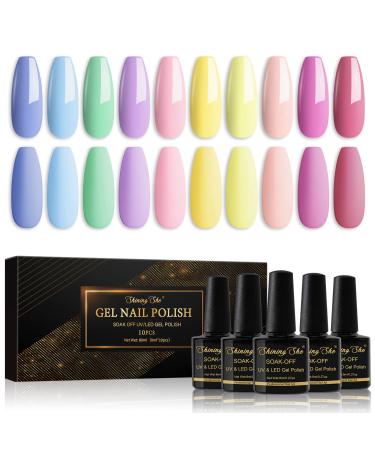 Shining She Pastel Gel Nail Polish Set 10 PCS Gel Nail Polishes Blue Green Pink Purple Yellow Gel Polish Soak-Off UV/LED Manicure Gift for Women Nail Art Salon DIY Home 8ML Macaron