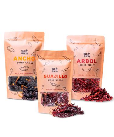 OL RICO - Dried Chile Peppers 3 Pack Bundle (12 oz Total) - Ancho Chiles, Guajillo Chiles and Arbol Chiles - The Spicy Trio - Great For Mexican Recipes - Packaged In Resealable Bags Spicy Set