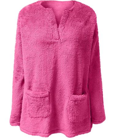 AMhomely Women's Plus Size V-Neck Teddy Fleece Hoodie | Double Fleece Casual Pullover with Pocket | Soft Winter Lounge Top in Hot Pink - Buy Online on SooperMarket.com