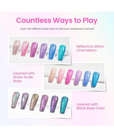 Beetles Glitter Gel Nail Polish Set - 6 Colors Chameleon Sparkle Kit for DIY Manicure | Color Changing Pink Purple Blue with Crushed Diamond Shine | Soak Off UV Gel Polish - Buy Online on SooperMarket.com