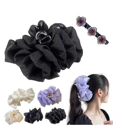 TYGHBN Bow Bubble Clips Chiffon Silk Hair Clips Large Chiffon Claw Clip Hair Bow Plastic Hair Claw Clips Fabric Floral Bows Claw Clip for Thick Long Hair (Black-A)