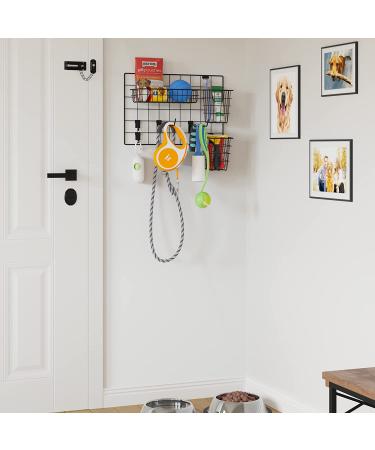 Wall35 Pluto Pet Supplies Organizer - Wall Mount Wire Basket with Hooks for Dog Leash and Cat Collars - Black Metal - Buy Online on SooperMarket.com
