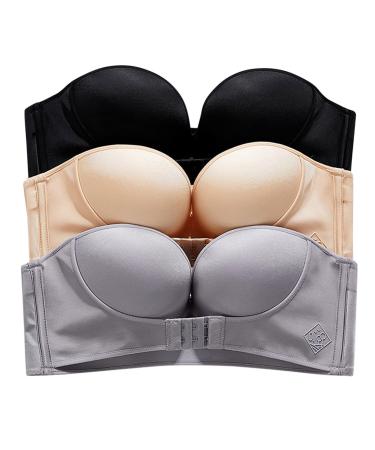 Women's Solid Color Strapless Non-Slip Rimless C Cup Extra Large Bras 3 Pack Multicolor 75C