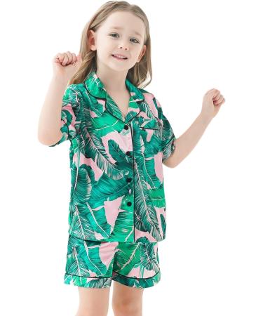 SWOMOG Kids Silk Pyjamas - Short Sleeve Satin PJs Set for Girls Boys | Button-Down Silky Nightwear for Children & Teens | Pink Leaves Design | Ages 4-16 - Buy Online on SooperMarket.com