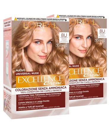 x L'Or al Paris Excellence Creme permanent hair colour Universal Nude Light Blonde 8U triple treatment 2 colours 2x light blonde 8u