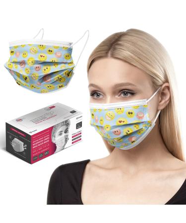 HARD 100 pieces Disposable Face Masks | Made in Germany | Type IIR & CE certified | Breathable Triple Layer - Filtration 99 78% | Elastic Earloops | Mouth Cover - Adults - Smiley 100 Piece standard size (17 5 cm x 9 5 cm) Smiley