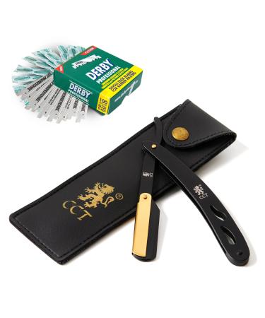 The Cambridge Cutthroat Straight Edge Razor Kit with 10 Blades Stainless Steel Black & Gold Professional Barber Cut Throat Razor, Premium Mens Single Blade Razor, Beard Shaper, Travel Pouch Included