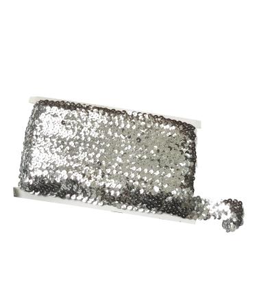 Gnognauq 10 Yards 1 inch Elastic Sequin Glitter Trim Spool String Metallic 3-Row Fabric Paillette Ribbon Trim for Wedding Dress Embellish Headband (Silver)